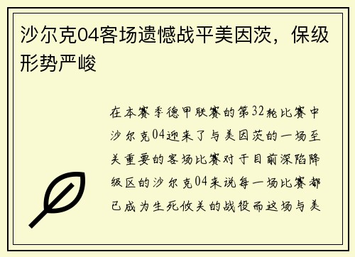 沙尔克04客场遗憾战平美因茨，保级形势严峻