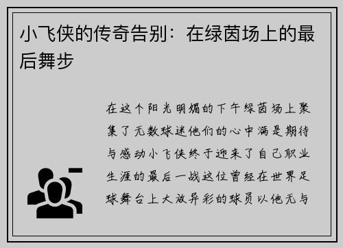 小飞侠的传奇告别：在绿茵场上的最后舞步
