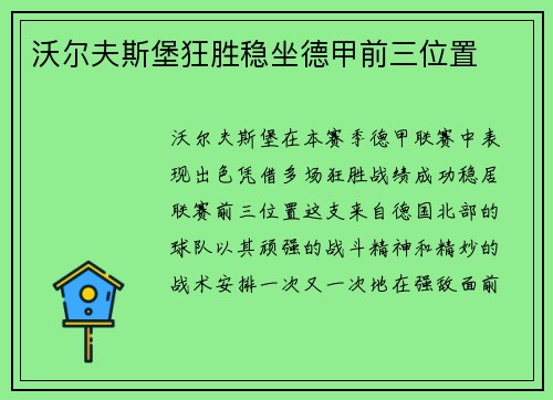 沃尔夫斯堡狂胜稳坐德甲前三位置