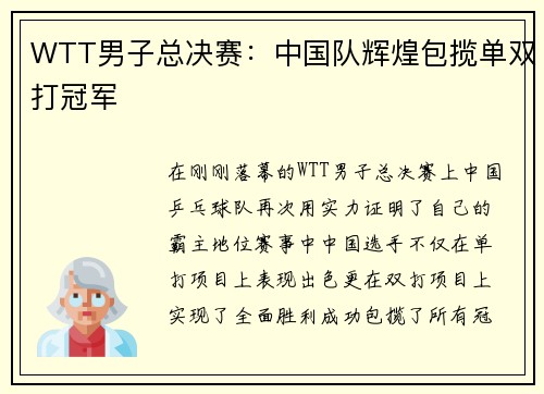 WTT男子总决赛：中国队辉煌包揽单双打冠军